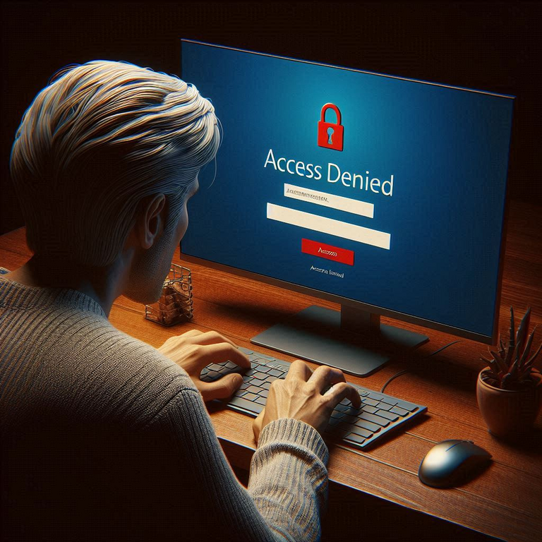 A life-like image of a man from behind typing at a computer keyboard with a Windows 11 login screen showing Access Denied in large red text below
